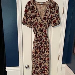 Johnny Was Beige Midi Wrap Dress with Burgundy Floral Print